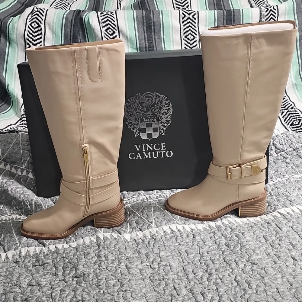 Vince Camuto Womens Gini4 Extra Wide Calf Knee High Boot In Soft Buff (Beige) 5W